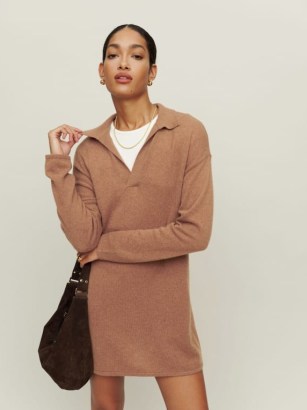 Reformation Doreen Cashmere Polo Dress in Camel ~ light brown luxury sweater dresses ~ luxe knitwear fashion ~ chic collared jumper dress - flipped
