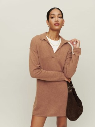 Reformation Doreen Cashmere Polo Dress in Camel ~ light brown luxury sweater dresses ~ luxe knitwear fashion ~ chic collared jumper dress