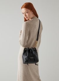 L.K. BENNETT Eliza Black Leather Bucket Bag – drawstring top cross body bags