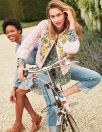 Boden Embroidered Cropped Jacket Almond/Alder Embroidered / women’s quilted crop hem jackets with floral embroidery