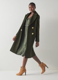 L.K. BENNETT Estella Khaki Recycled Wool Long Coat ~ women’s green statement gold button coats ~ autumn colours for womens outerwear