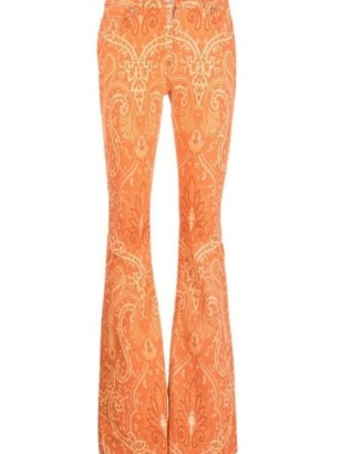 ETRO paisley flared jeans in orange / retro printed denim flares / women’s 1970s vintage style fashion / farfetch