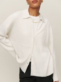 Reformation Fantino Cashmere Collared Cardigan in Gossamer | women’s luxe long sleeved relaxed fit cardigans | drop shoulder detail | button front cardi