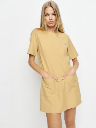 Reformation Finsbury Dress in sunshine | fashion that’s a little bit retro | short sleeved relaxed fit crew neck mini dresses | women’s fashion with a vintage look | front patch pockets | womens shift style clothes - flipped