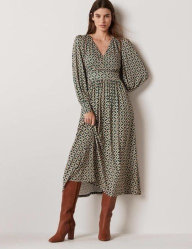 Boden Fixed Wrap Jersey Midi Dress Shady Glade, Square Geo – green V-neck fitted waist dresses – long volume sleeves - flipped