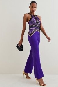 KAREN MILLEN Geo Guipure Metallic Woven Jumpsuit in Purple | glamorous sleeveless evening jumpsuits | party fashion | occasion glamour