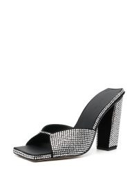 GIABORGHINI 115mm crystal-embellished block heels in black / squre toe evening mules covered in crystals / glamorous occasion sandals / women’s shimmering party shoes / farfetch / event glamour