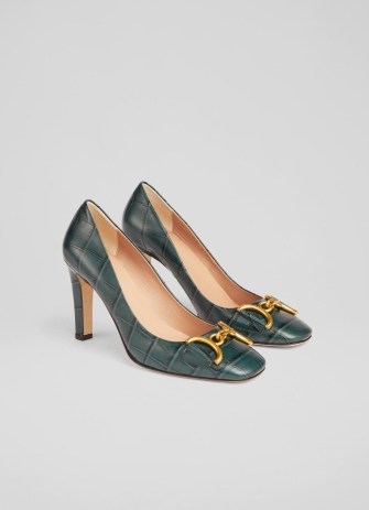 L.K. BENNETT Gianna Sea Green Croc-Effect Leather Snaffle-Detail Courts – crocodile print court shoes - flipped