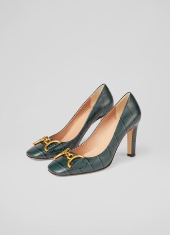 L.K. BENNETT Gianna Sea Green Croc-Effect Leather Snaffle-Detail Courts – crocodile print court shoes