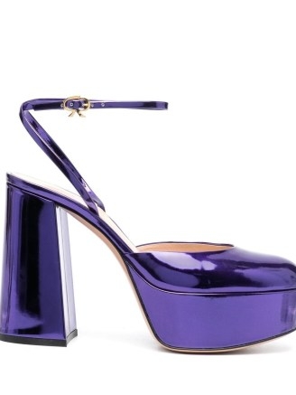 Gianvito Rossi 130mm metallic-effect pumps in blue sapphire / luxe shiny platforms / high shine block heel ankle strap platform shoes / women’s retro footwear / chunky 70s vintage style heels - flipped