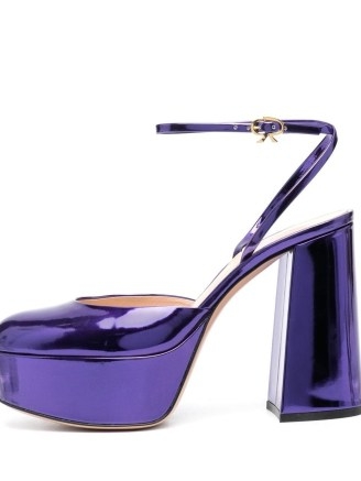 Gianvito Rossi 130mm metallic-effect pumps in blue sapphire / luxe shiny platforms / high shine block heel ankle strap platform shoes / women’s retro footwear / chunky 70s vintage style heels