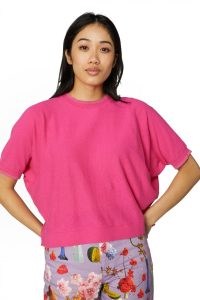 gorman GISELLE KNIT TOP in pink | short sleeved crew neck knitted tops | women’s relaxed fit jumpers | dip hemline with side slit