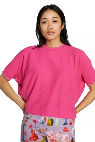 gorman GISELLE KNIT TOP in pink | short sleeved crew neck knitted tops | women’s relaxed fit jumpers | dip hemline with side slit - flipped