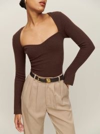 Reformation Glenna Cashmere Sweater in Americano ~ dark brown sweetheart neckline sweaters