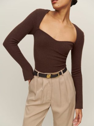 Reformation Glenna Cashmere Sweater in Americano ~ dark brown sweetheart neckline sweaters - flipped