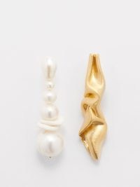 COMPLETEDWORKS Crumple pearl & 18kt gold-vermeil earrings ~ mismatched statement jewellery ~ contemporary drops