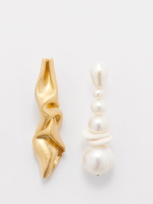COMPLETEDWORKS Crumple pearl & 18kt gold-vermeil earrings ~ mismatched statement jewellery ~ contemporary drops - flipped