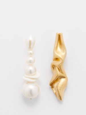 COMPLETEDWORKS Crumple pearl & 18kt gold-vermeil earrings ~ mismatched statement jewellery ~ contemporary drops