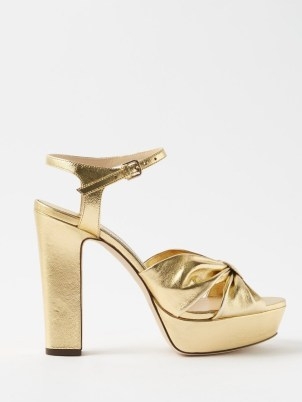 JIMMY CHOO Heloise 120 block-heel gold-leather sandals / metallic platforms - flipped