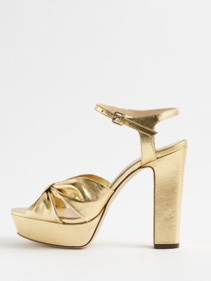 JIMMY CHOO Heloise 120 block-heel gold-leather sandals / metallic platforms