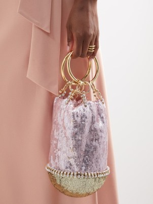 ROSANTICA Ghizlan crystal-embellished sequinned handbag in pink ~ luxury sequin covered occasion bags ~ luxe event handbags - flipped