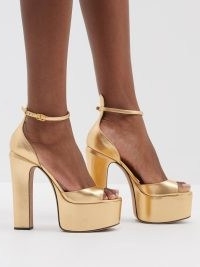 VALENTINO GARAVANI Tan-Go 155 metallic-leather platform sandals in gold ~ luxe ankle strap platforms ~ 1970s vintage style high heels ~ MATCHESFASHION