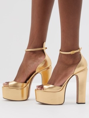 VALENTINO GARAVANI Tan-Go 155 metallic-leather platform sandals in gold ~ luxe ankle strap platforms ~ 1970s vintage style high heels ~ MATCHESFASHION - flipped