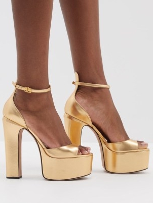 VALENTINO GARAVANI Tan-Go 155 metallic-leather platform sandals in gold ~ luxe ankle strap platforms ~ 1970s vintage style high heels ~ MATCHESFASHION