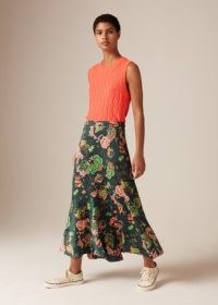 ME and EM Grand Paisley Print Flared Skirt in black with Green/Neon Peach/Black/Hot Coral | floral recycled-satin fabric skirts