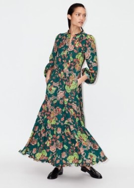 ME and EM Grand Paisley Print Maxi Dress + Belt Green/Neon Peach/Black/Hot Coral / floral print tiered hem dresses - flipped
