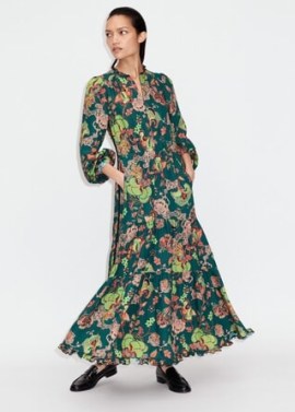 ME and EM Grand Paisley Print Maxi Dress + Belt Green/Neon Peach/Black/Hot Coral / floral print tiered hem dresses