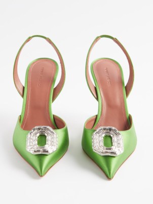 AMINA MUADDI Camelia 90 crystal & silk-satin slingback pumps in green ~ luxe pointed slingbacks ~ women’s occasion footwear with an opulent look ~ brooch embellished high heel shoes - flipped