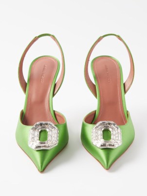 AMINA MUADDI Camelia 90 crystal & silk-satin slingback pumps in green ~ luxe pointed slingbacks ~ women’s occasion footwear with an opulent look ~ brooch embellished high heel shoes