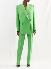 ALEXANDER MCQUEEN Double-breasted barathea suit jacket in green ~ women’s lime coloured, tailored asymmetrical jackets ~ MATCHESFASHION ~ asymmetric clothing designs
