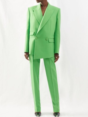 ALEXANDER MCQUEEN Double-breasted barathea suit jacket in green ~ women’s lime coloured, tailored asymmetrical jackets ~ MATCHESFASHION ~ asymmetric clothing designs - flipped