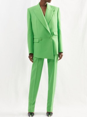 ALEXANDER MCQUEEN Double-breasted barathea suit jacket in green ~ women’s lime coloured, tailored asymmetrical jackets ~ MATCHESFASHION ~ asymmetric clothing designs
