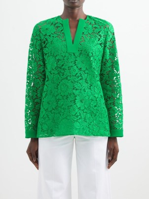 VALENTINO Guipure-lace top in green – semi sheer floral tops – designer fashion – matchesfashion - flipped