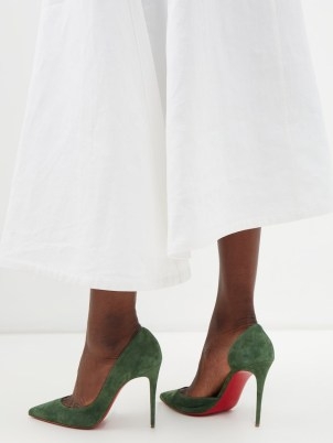 CHRISTIAN LOUBOUTIN Iriza 100 suede d’Orsay pumps in green ~ high stiletto heel courts ~ designer pointed toe court shoes ~ MATCHESFASHION - flipped