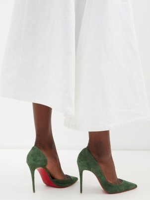 CHRISTIAN LOUBOUTIN Iriza 100 suede d’Orsay pumps in green ~ high stiletto heel courts ~ designer pointed toe court shoes ~ MATCHESFASHION
