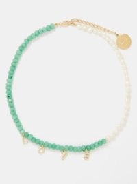 BY ALONA Love zirconia, pearl & 18kt gold-plated necklace in green – beaded slogan charm necklaces – womens summer jewellery – matchesfashion