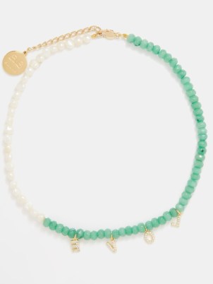 BY ALONA Love zirconia, pearl & 18kt gold-plated necklace in green – beaded slogan charm necklaces – womens summer jewellery – matchesfashion - flipped