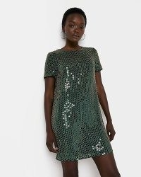 RIVER ISLAND GREEN SEQUIN MINI SHIFT DRESS ~ short sleeved sequinned party dresses ~ women’s retro style evening fashion ~ glittering vintage inspired going out clothes