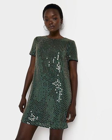 RIVER ISLAND GREEN SEQUIN MINI SHIFT DRESS ~ short sleeved sequinned party dresses ~ women’s retro style evening fashion ~ glittering vintage inspired going out clothes - flipped
