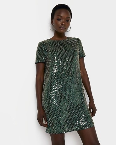 RIVER ISLAND GREEN SEQUIN MINI SHIFT DRESS ~ short sleeved sequinned party dresses ~ women’s retro style evening fashion ~ glittering vintage inspired going out clothes