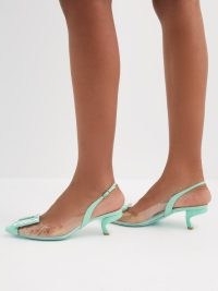 ROGER VIVIER Virgule 45 PVC and leather pumps in mint green – clear panel slingback kitten heels – transparent slingbacks with crystal embellished buckle – matchesfashion
