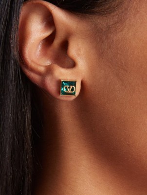 VALENTINO GARAVANI V-Logo Swarovski-crystal earrings in green – square designer studs – matchesfashion – jewellery with coloured crystals - flipped
