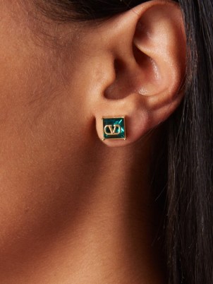 VALENTINO GARAVANI V-Logo Swarovski-crystal earrings in green – square designer studs – matchesfashion – jewellery with coloured crystals