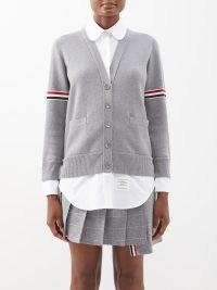 THOM BROWNE Tricolour-stripe cotton cardigan shirt in grey ~ women’s preppy fashion ~ womens striped detail cardigans ~ MATCHESFASHION
