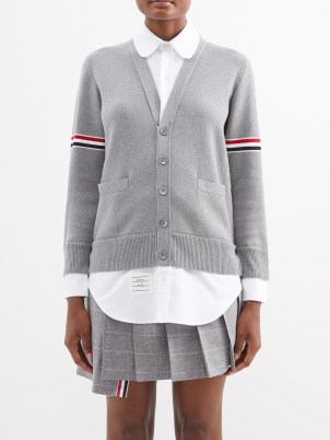 THOM BROWNE Tricolour-stripe cotton cardigan shirt in grey ~ women’s preppy fashion ~ womens striped detail cardigans ~ MATCHESFASHION - flipped