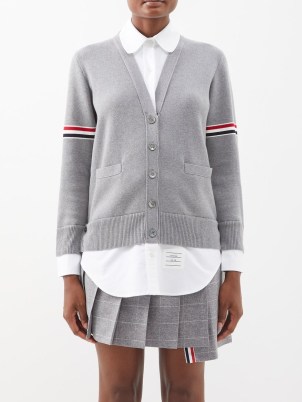 THOM BROWNE Tricolour-stripe cotton cardigan shirt in grey ~ women’s preppy fashion ~ womens striped detail cardigans ~ MATCHESFASHION